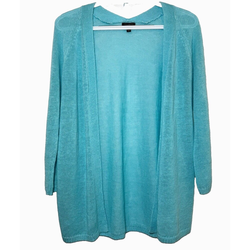 Talbots Petites P 100% Linen Aqua Blue Open Front Cardigan Lightweight